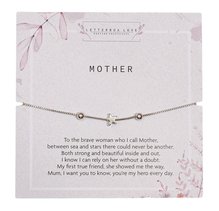 A simple and elegant bracelet with a single silver star charm on a fine chain, designed as a tribute to mothers. It's displayed on a subtle grey card with 'MOTHER' printed at the top, and a touching poem below that celebrates the unwavering strength and beauty of a mother. Delicate pink foliage adorns the corners of the card, adding a soft, feminine touch.