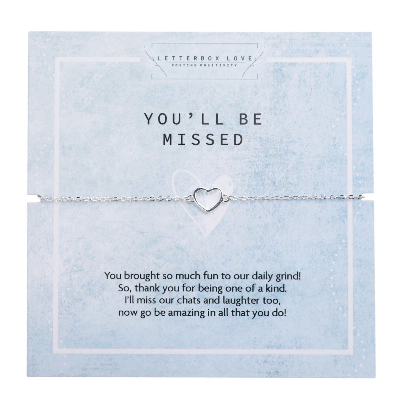 A farewell-themed bracelet card with a heart-shaped charm centered on a delicate silver chain. The card's pastel blue background is overlaid with the message 