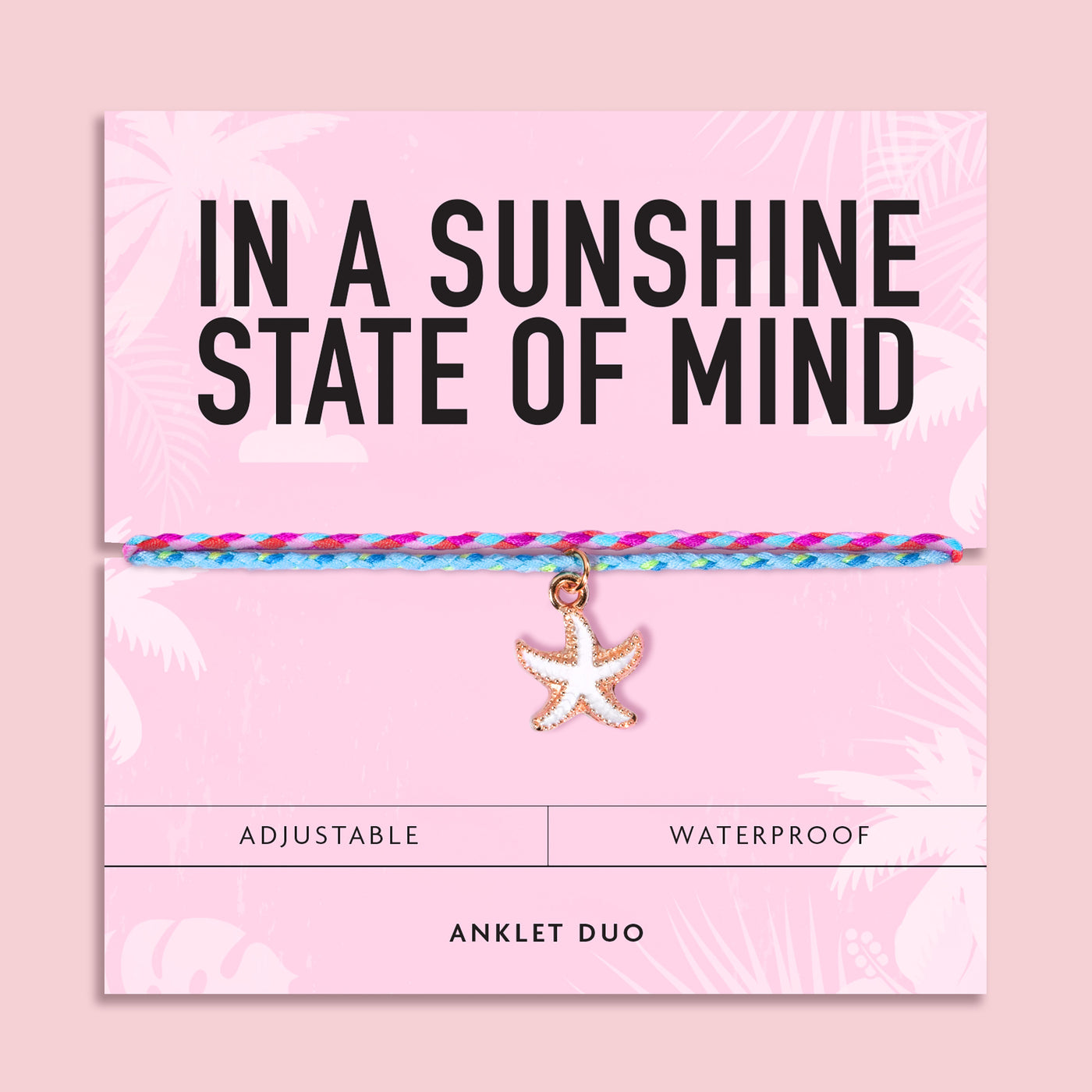 Colourful waterproof anklet duo featuring pink and turquoise woven cords with a white starfish charm on a pink 