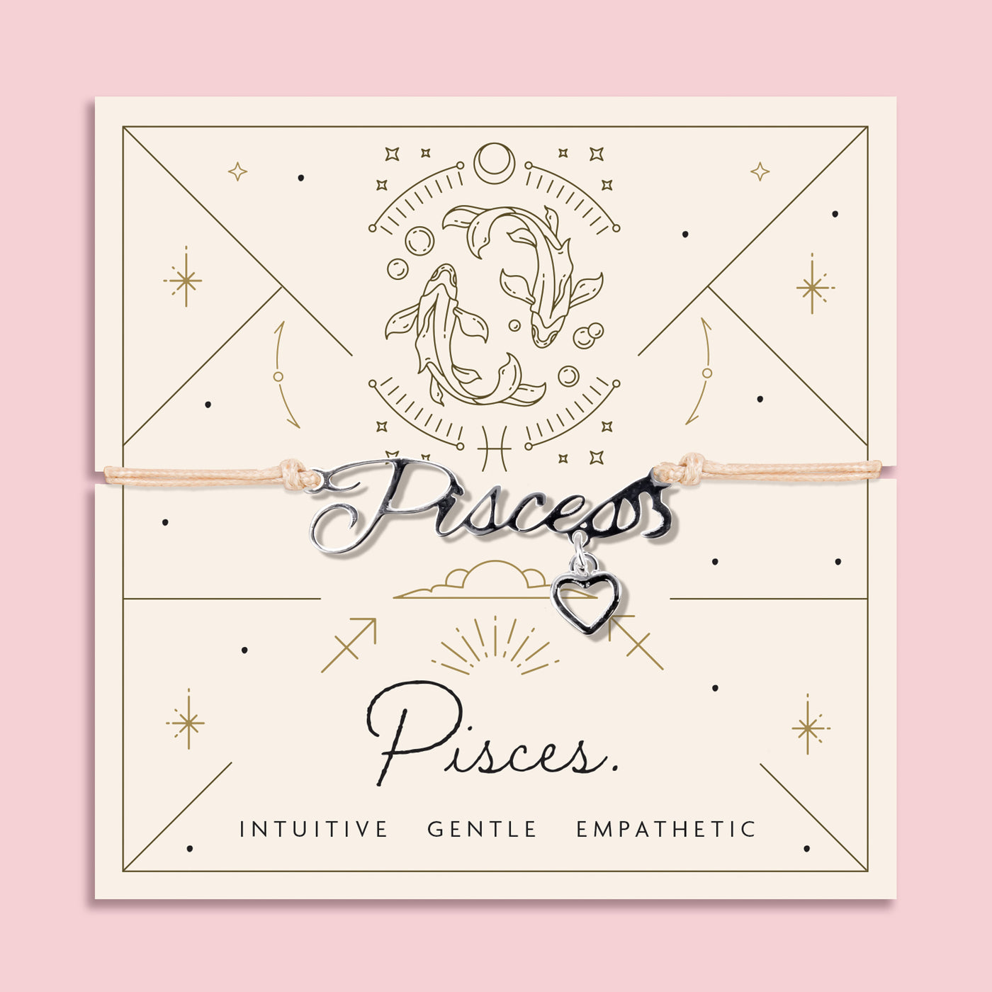 Adjustable peach cord bracelet with a silver 'Pisces' charm and small heart pendant, displayed on a zodiac-themed backing card with a fish illustration and traits reading 