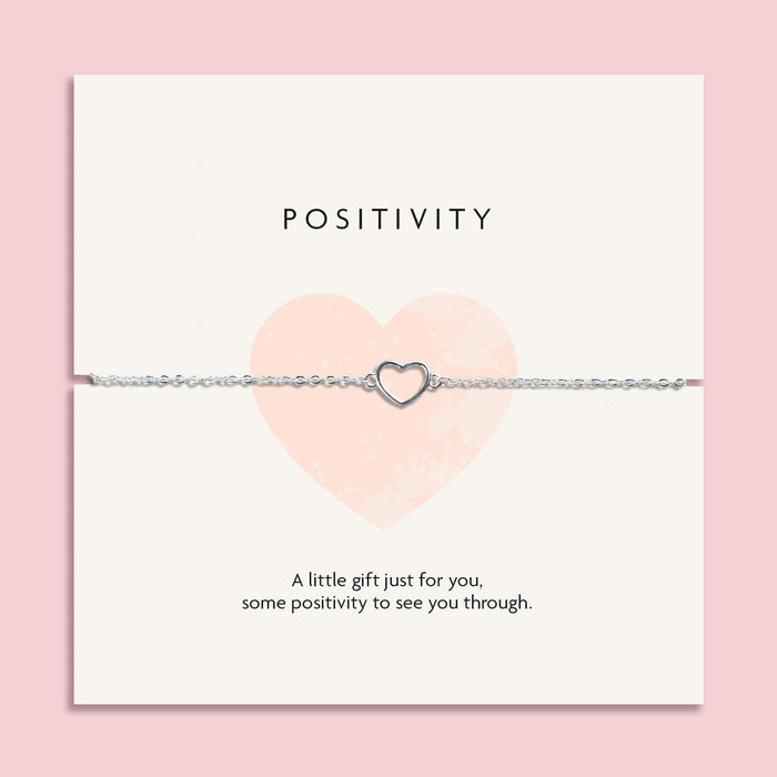 Elegant silver heart-shaped necklace on a 'POSITIVITY' card with the message 'A little gift just for you, some positivity to see you through.