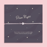 Sparkling star charm bracelet on an adjustable pink cord, presented on a prom-themed card with the sentiment "Prom Night," perfect for celebrating prom and special events.