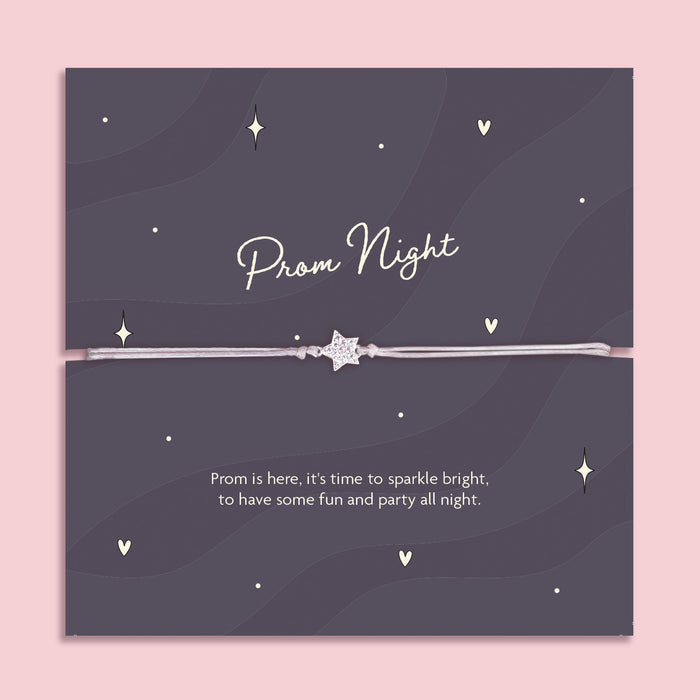 Sparkling star charm bracelet on an adjustable pink cord, presented on a prom-themed card with the sentiment "Prom Night," perfect for celebrating prom and special events.