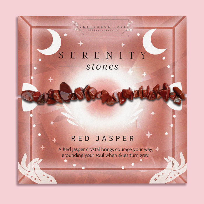 Serenity Stones Red Jasper Bracelet - A grounding crystal chip bracelet made with Red Jasper stones, promoting courage and stability. Beautifully packaged with a celestial-themed card.