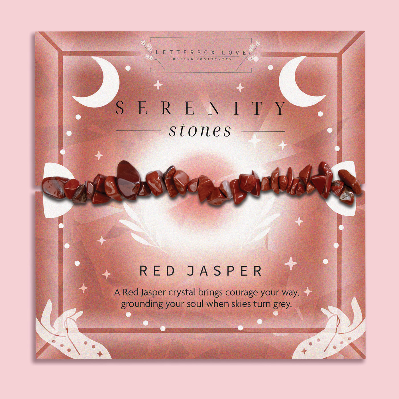 Serenity Stones Red Jasper Bracelet - A grounding crystal chip bracelet made with Red Jasper stones, promoting courage and stability. Beautifully packaged with a celestial-themed card.