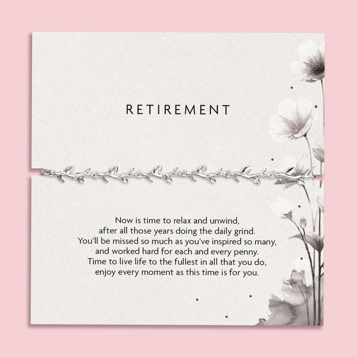 Retirement poem card with floral design and text on a pink background. Silver-plated elegant bracelet under £20 for a friend or colleagues retirement