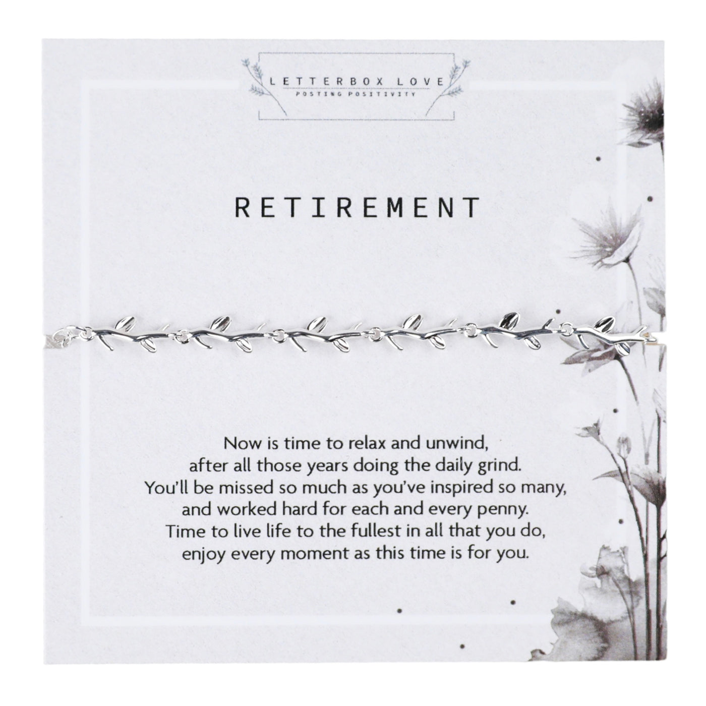 A square card with a Retirement poem and a Silver Vine bracelet wrapped around it. 