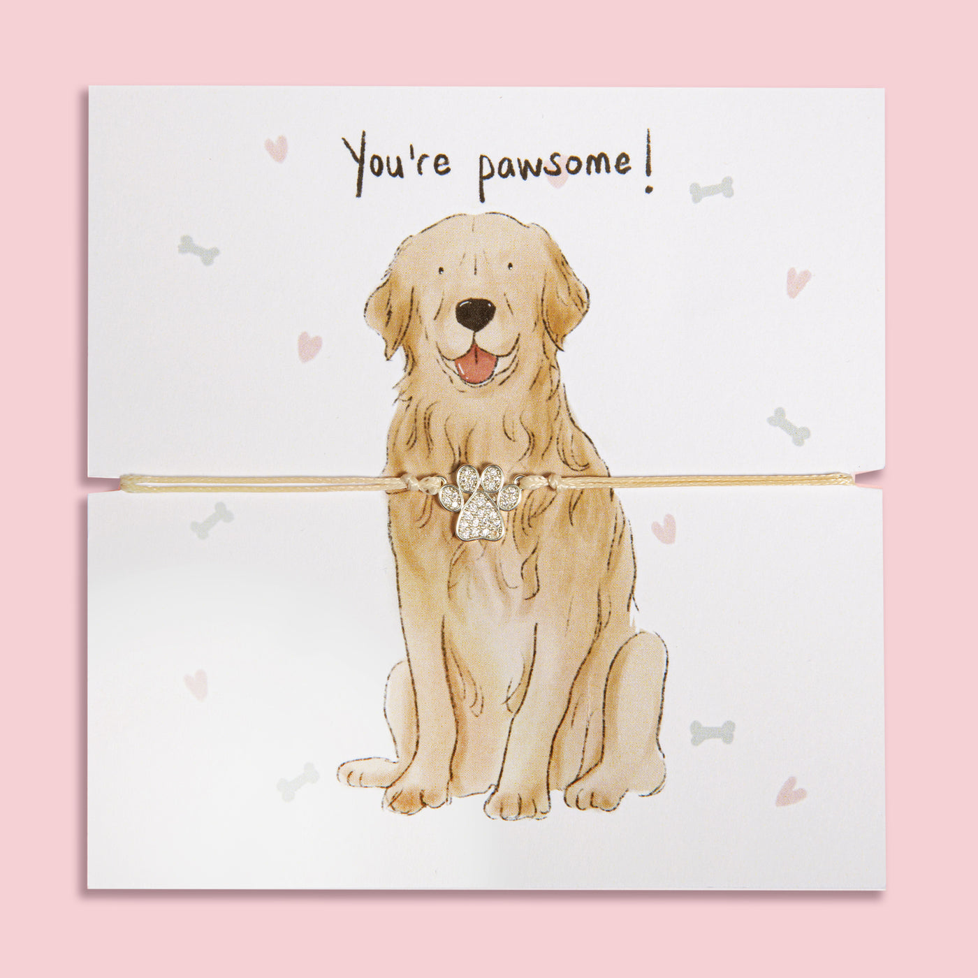 Paw print bracelet gift on illustrated card featuring a cute Retriever and 'You're pawsome!' message – perfect jewellery gift for dog mums and Retriever lovers.