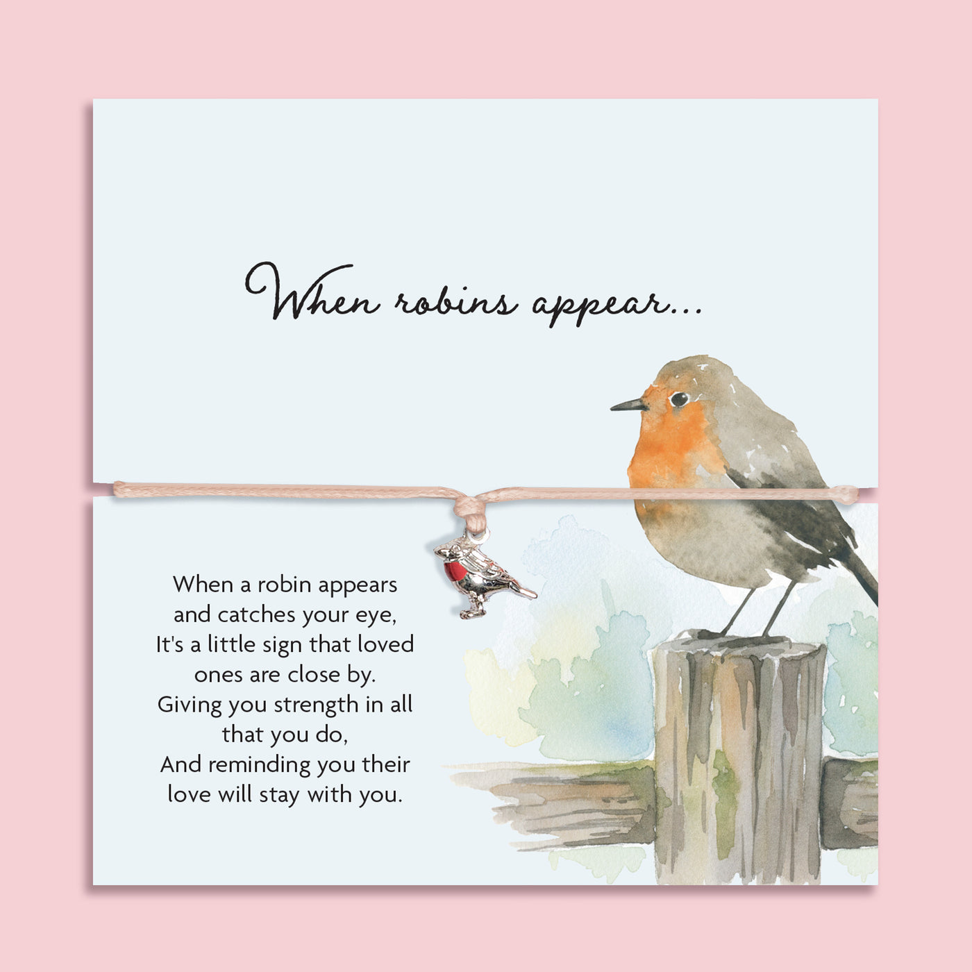 Adjustable sympathy bracelet with a silver robin charm on a blush cord, displayed on an illustrated keepsake card reading 