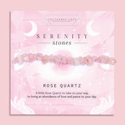 Rose Quartz crystal chip bracelet on a soft pink Serenity Stones card by Letterbox Love. Features delicate pink Rose Quartz stones, known for attracting love, kindness, and emotional healing. A heartfelt spiritual gift for her and a calming accessory for self-love and peace.