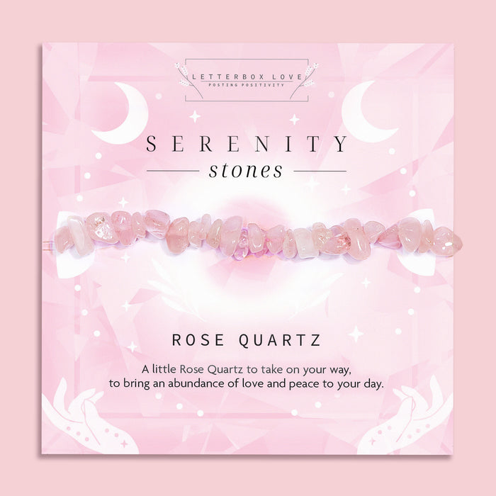 Rose Quartz crystal chip bracelet on a soft pink Serenity Stones card by Letterbox Love. Features delicate pink Rose Quartz stones, known for attracting love, kindness, and emotional healing. A heartfelt spiritual gift for her and a calming accessory for self-love and peace.