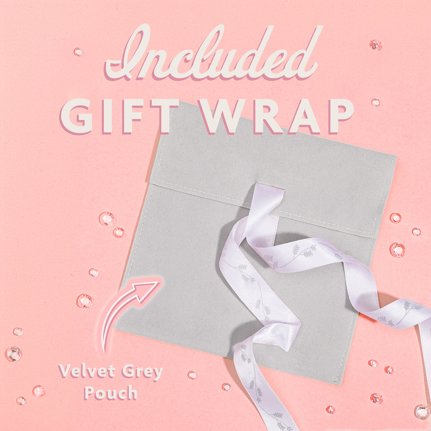 Grey velvet pouch with a white ribbon on a pink background, labeled 'Included Gift Wrap'. Zodiac bracelet free gift wrapping. Sagittarius present for a friend.