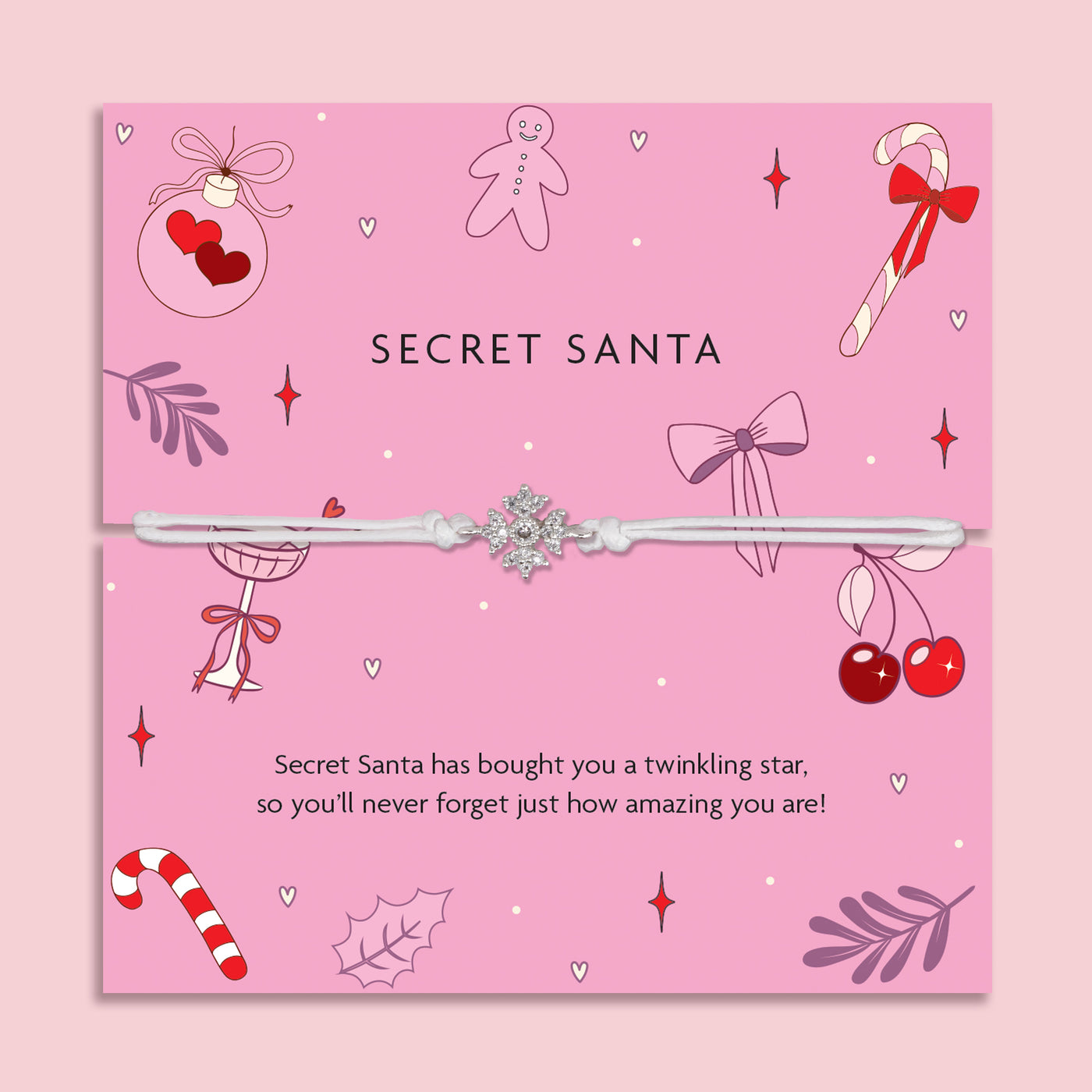 Affordable Secret Santa Gift with a decorative bracelet and festive illustrations on a pink poem card. 