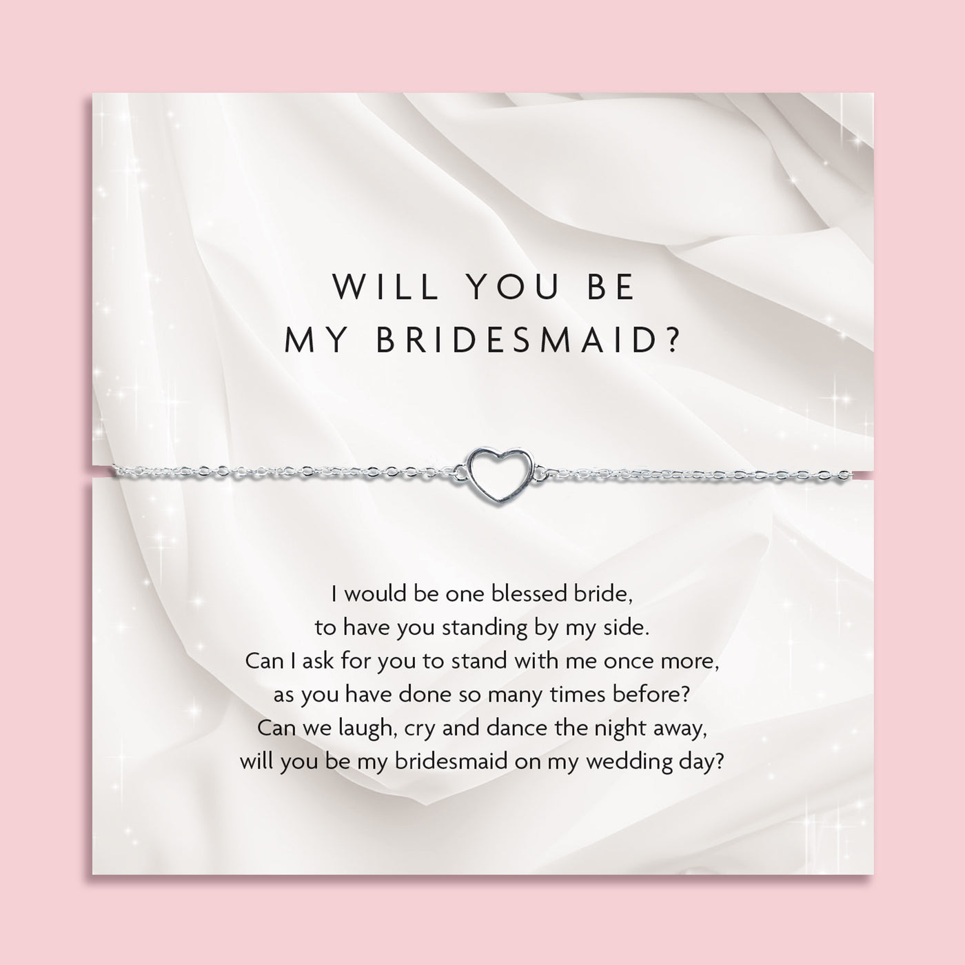 Card with heart-shaped bracelet and 'Will You Be My Bridesmaid?' message on a pink background. A beautiful gift for a bridal party or bridesmaid boxes.