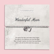 A silver beaded bracelet with a heart and flower charm displayed on a card reading "To my Wonderful Mum" from Letterbox Love, set against a soft pink background with white flowers and small crystals. The card features a heartfelt poem, making it a perfect sentimental gift for a Mum