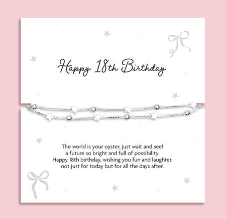 Silver plated double-layer star bracelet displayed on a Happy 18th Birthday sentiment card with birthday poem, meaningful 18th birthday gift and keepsake bracelet for her.