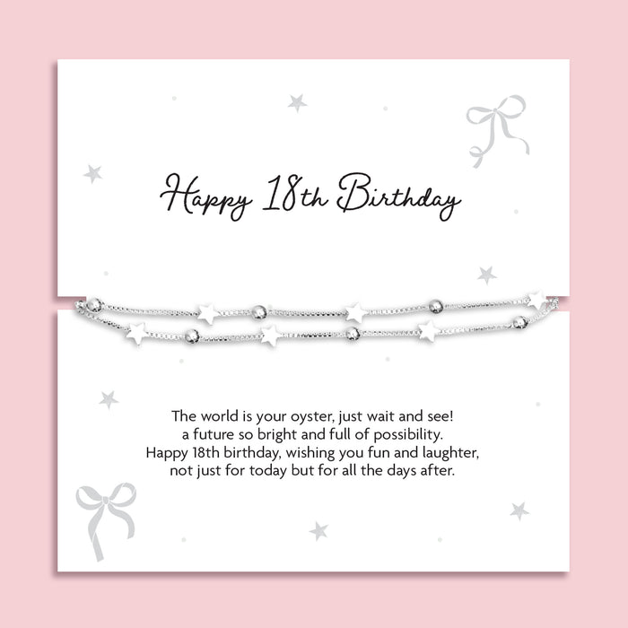 Silver plated double-layer star bracelet displayed on a Happy 18th Birthday sentiment card with birthday poem, meaningful 18th birthday gift and keepsake bracelet for her.