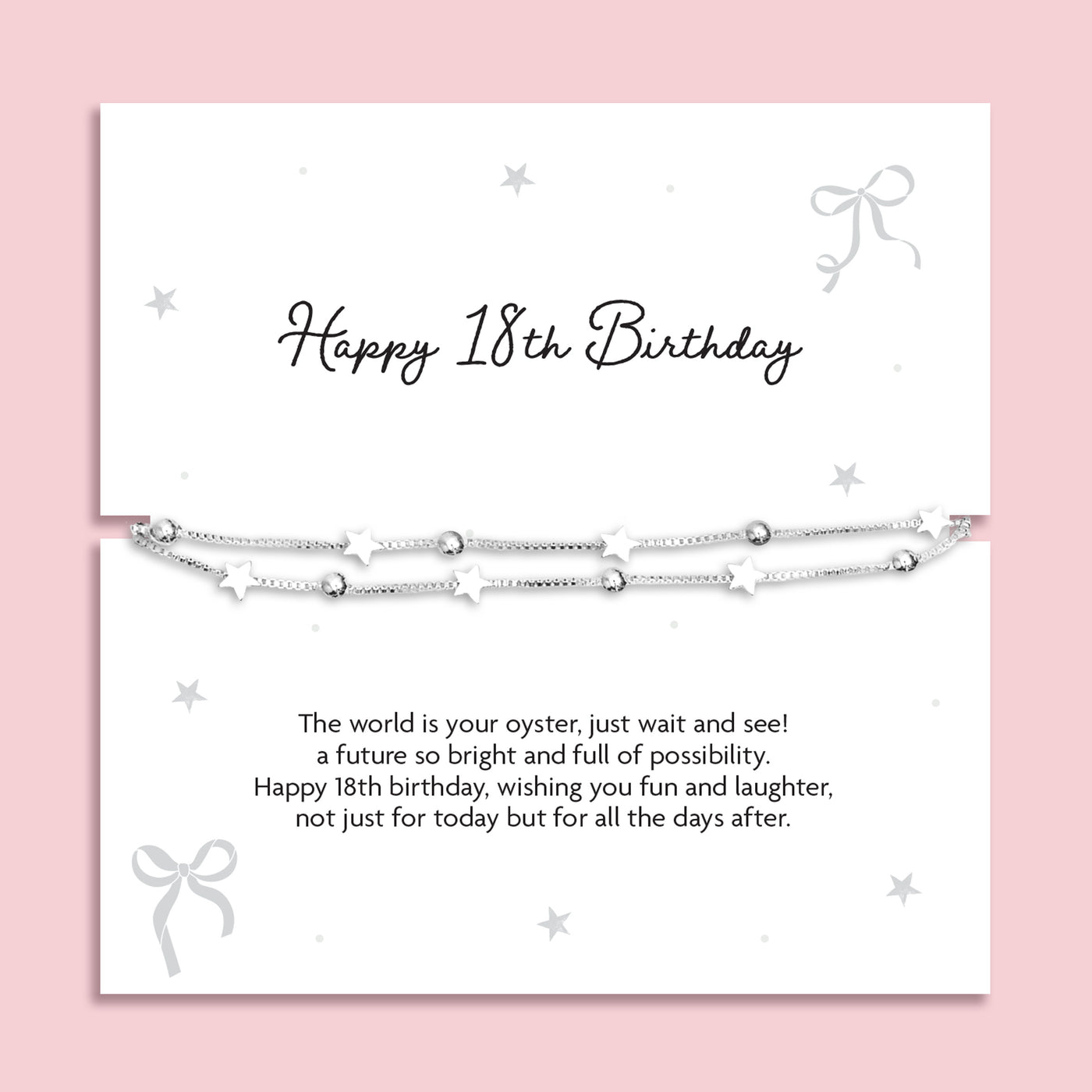 Silver plated double-layer star bracelet displayed on a Happy 18th Birthday sentiment card with birthday poem, meaningful 18th birthday gift and keepsake bracelet for her.