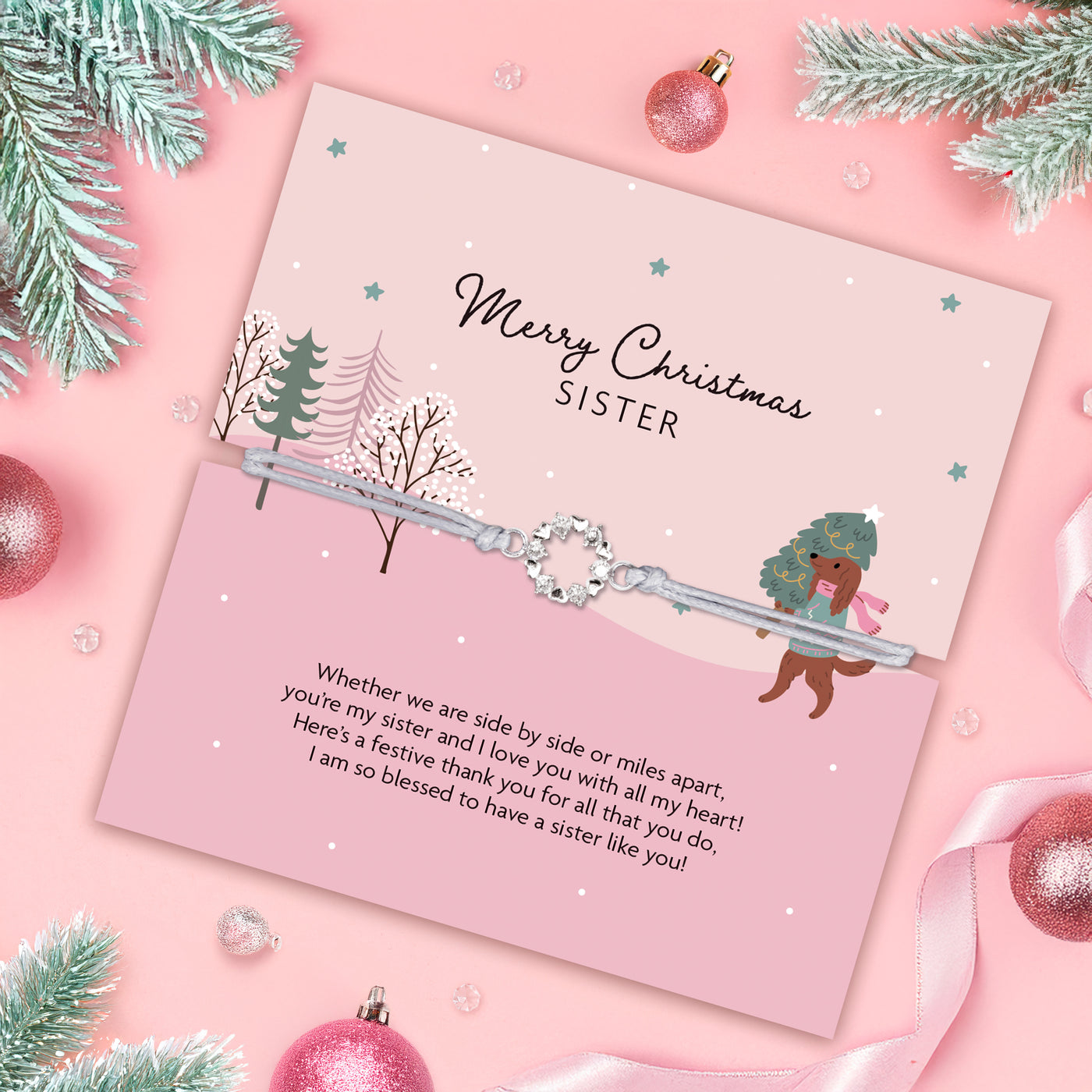 Christmas poem card for sister with Christmas wreath and festive elements on a pink background