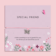 Special Friend bracelet with silver butterfly charm on pink cord, displayed on a floral message card with a heartfelt thank you message  a thoughtful letterbox gift for her.