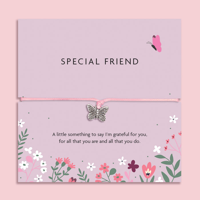 Special Friend bracelet with silver butterfly charm on pink cord, displayed on a floral message card with a heartfelt thank you message  a thoughtful letterbox gift for her.