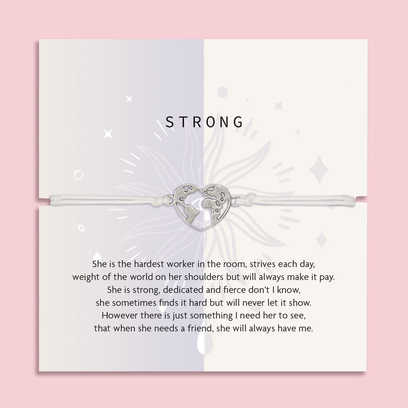 Heart friendship bracelet with heart and map design on a card with motivational text, against a pink background. A gift for a best friend