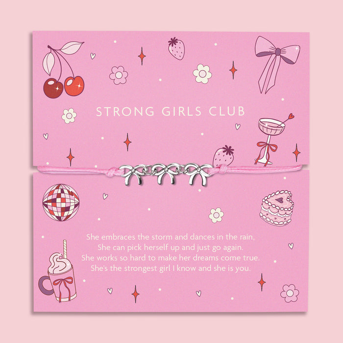 A colourful and fun poem card design that says "strong girls club" with a meaningful poem for a friend. Around the card is a pink cord friendship bracelet with three cute silver-plated bows.