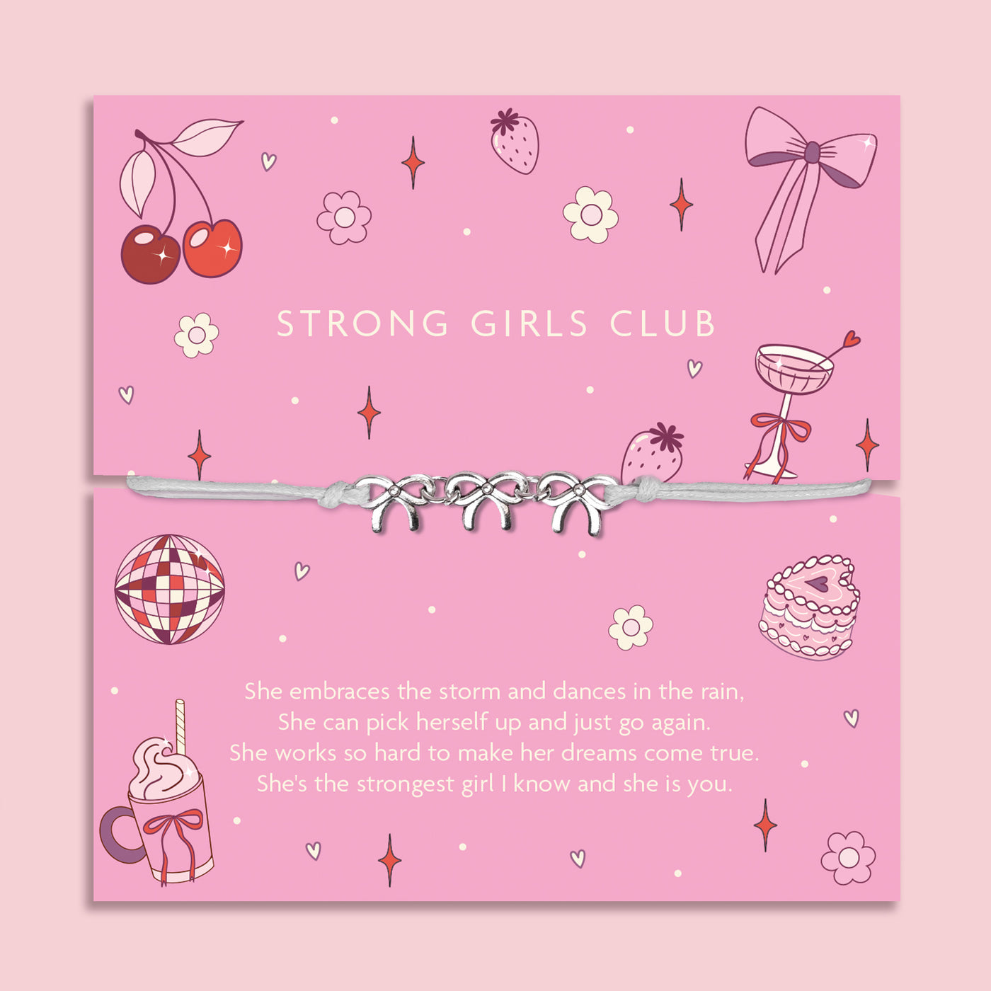 Pink card with 'Strong Girls Club' text and a bracelet on a pink background