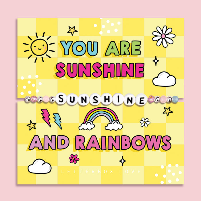 Yellow chequered poem card with the bold text saying "You are Sunshine", with a beaded bracelet spelling the word "Sunshine". An ideal gift for a best friend.