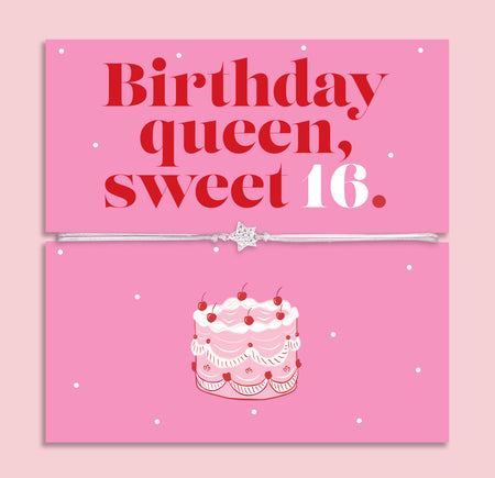Pink Sweet 16 birthday gift card featuring the text “Birthday Queen, Sweet 16” in bold red lettering, paired with a silver and grey adjustable heart bracelet with a small star slider, and an illustrated birthday cake below.