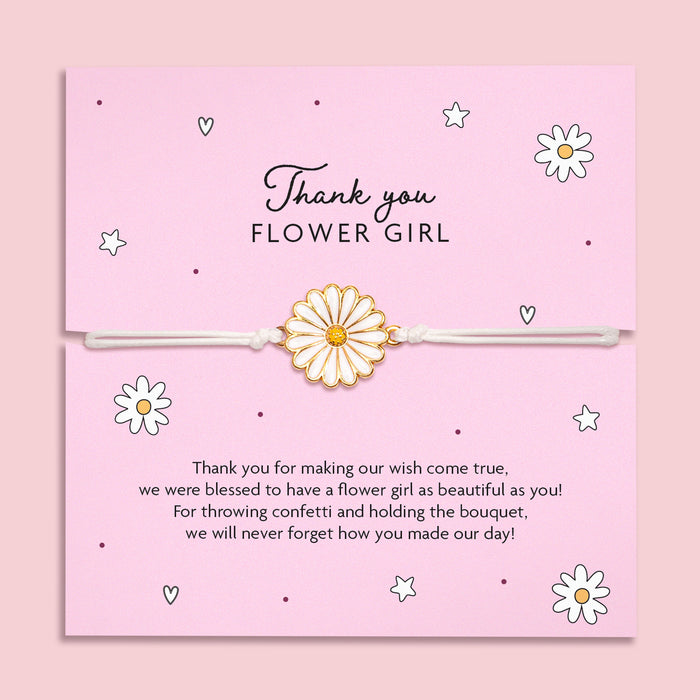 Thank You Flower Girl bracelet with daisy charm on adjustable white cord, displayed with pink background and floral accents, featuring a heartfelt message for flower girls.