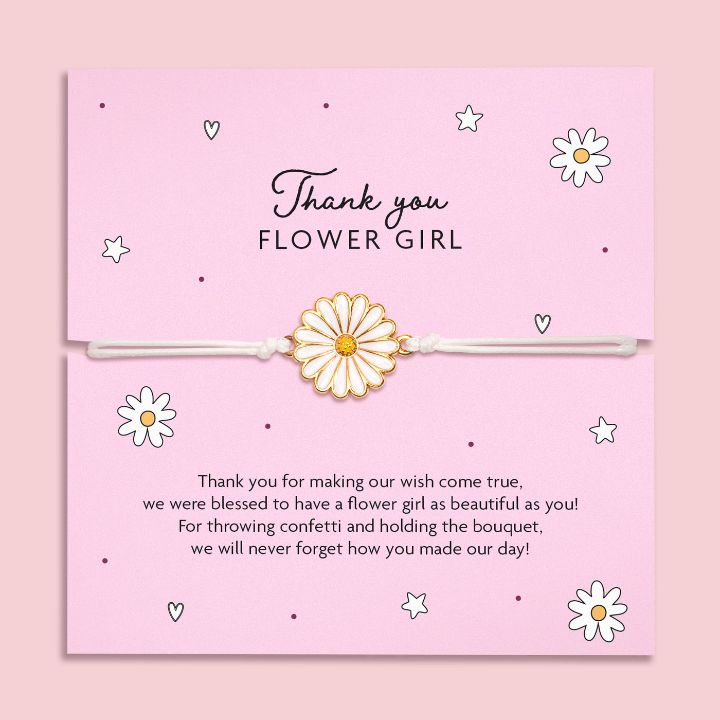 Thank You Flower Girl bracelet with daisy charm on adjustable white cord, displayed with pink background and floral accents, featuring a heartfelt message for flower girls.