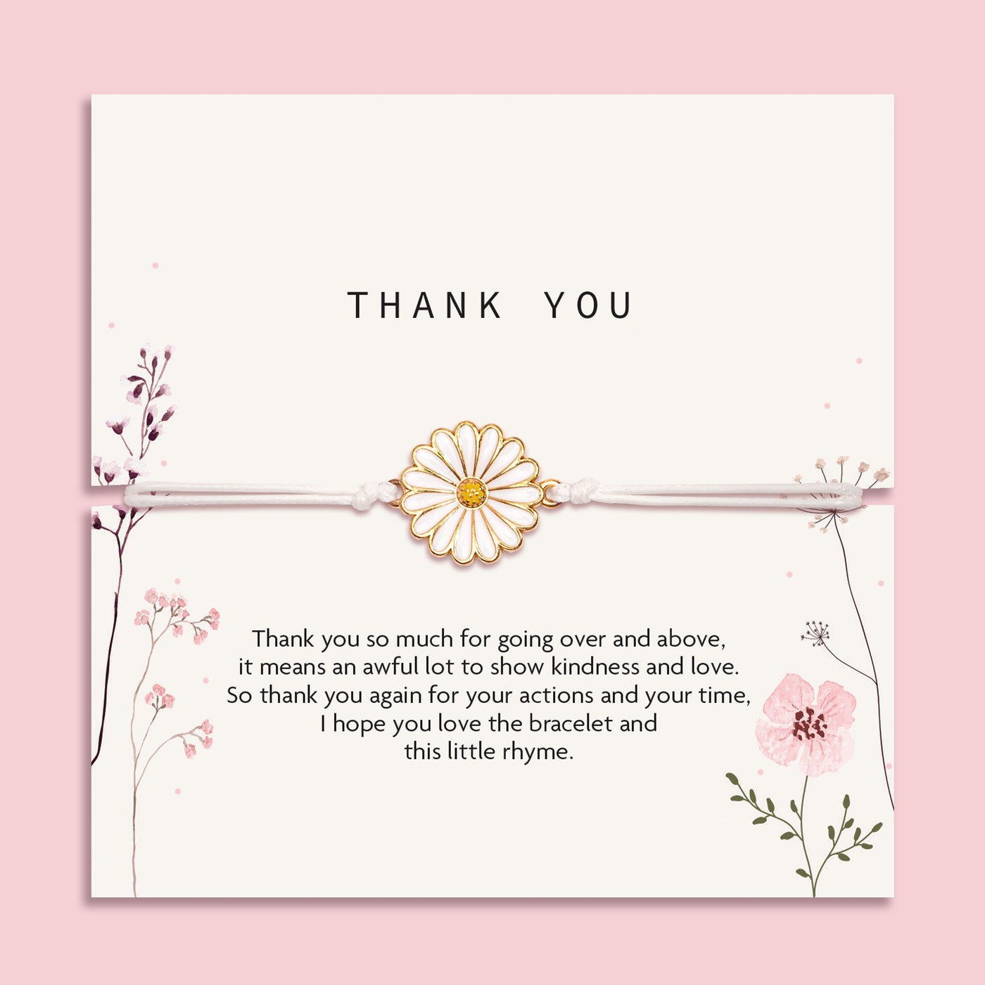 Elegant 'Thank You' card on a blush pink backdrop, adorned with a daisy-inspired bracelet. The card showcases delicate floral illustrations and a heartfelt gratitude message. 