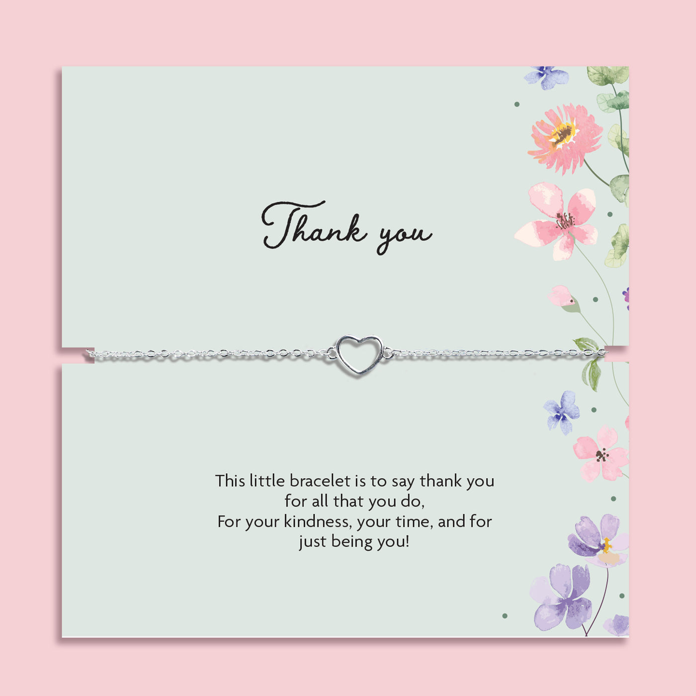 Delicate silver heart charm bracelet displayed on a pastel floral thank you card with the message “This little bracelet is to say thank you for all that you do.” Meaningful thank you gift for friends, teachers, bridesmaids or loved ones.