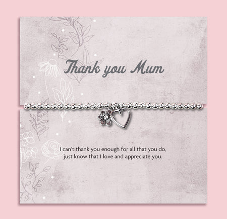 Silver plated Thank You Mum bracelet gift with heart and flower charms on sentiment card