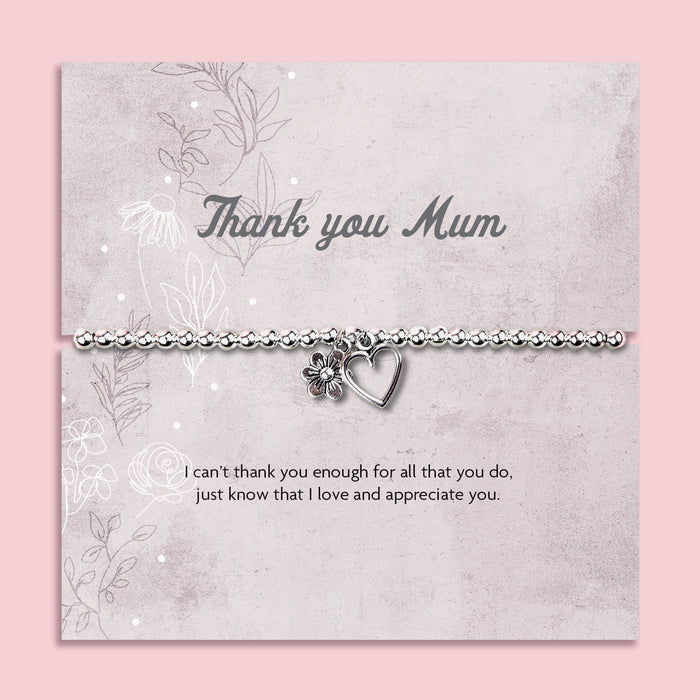 Silver plated Thank You Mum bracelet gift with heart and flower charms on sentiment card