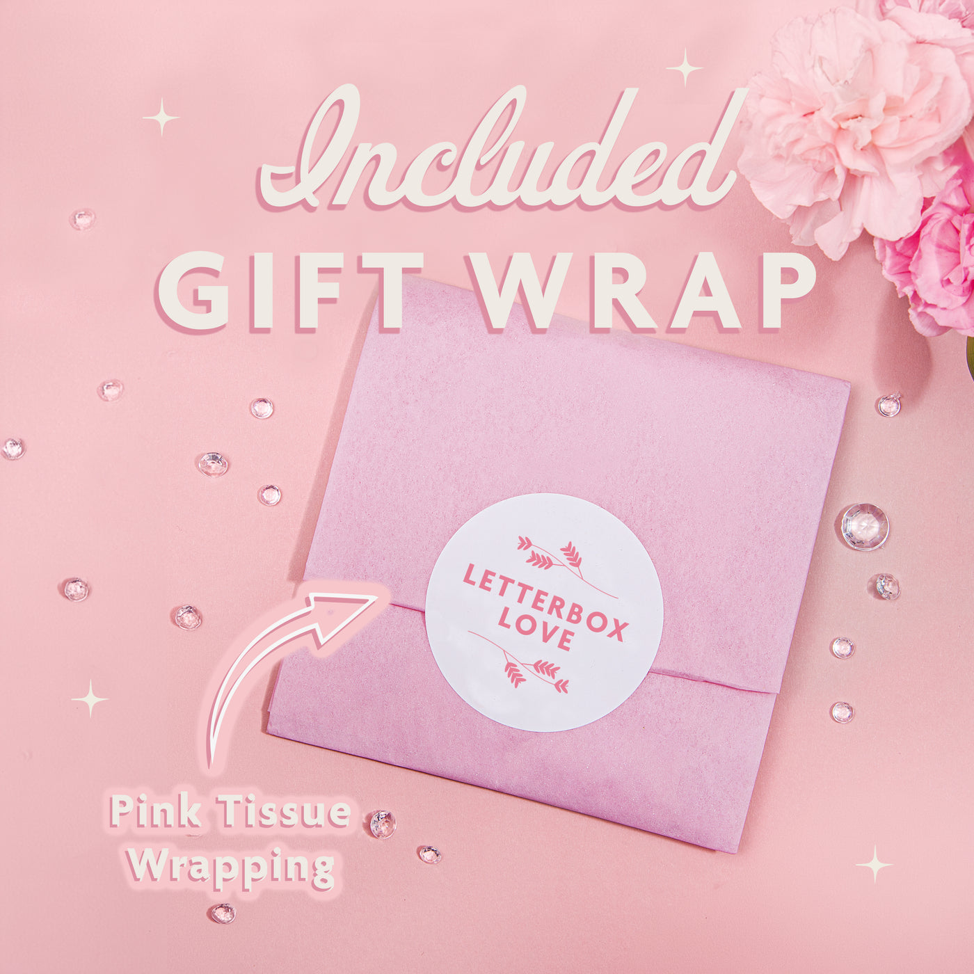 Pink gift wrap with 'Letterbox Love' label on a pink background
