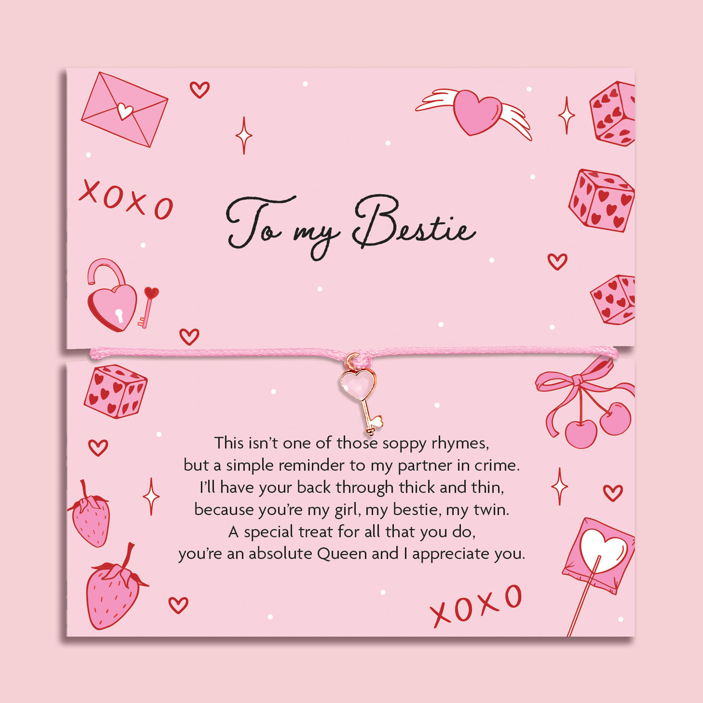 Poem card with decorative elements and text about friendship on a pink background. The Bracelet is a pink key friendship bracelet