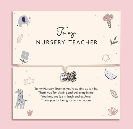 To my Nursery Teacher bracelet with heart and flower charm on adjustable cord, displayed on illustrated thank you teacher poem card with animal designs