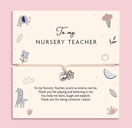 To my Nursery Teacher bracelet with heart and flower charm on adjustable cord, displayed on illustrated thank you teacher poem card with animal designs