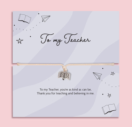 To my teacher bracelet with book charm on adjustable cord displayed on thank you message card, teacher appreciation gift