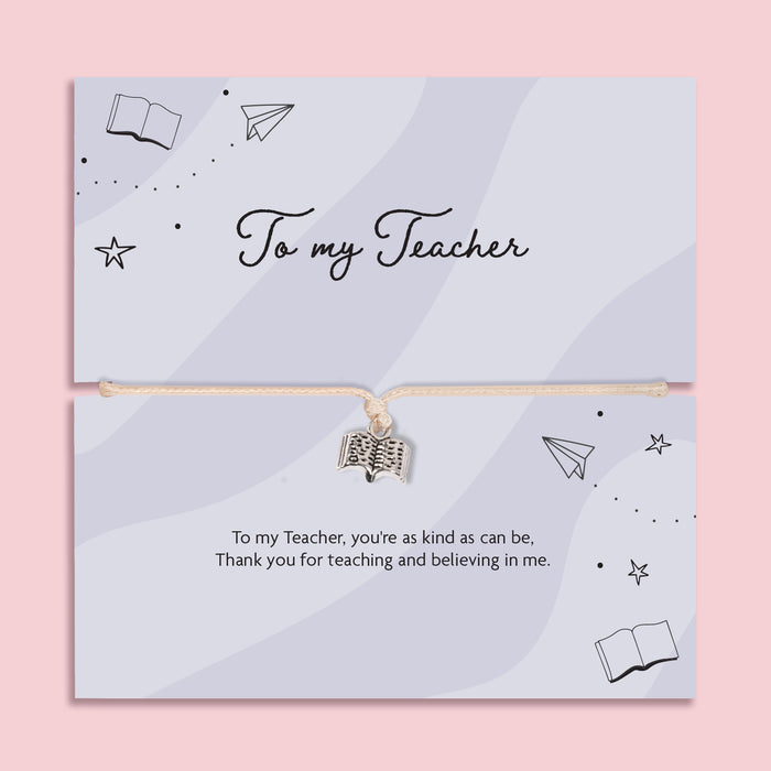 To my teacher bracelet with book charm on adjustable cord displayed on thank you message card, teacher appreciation gift