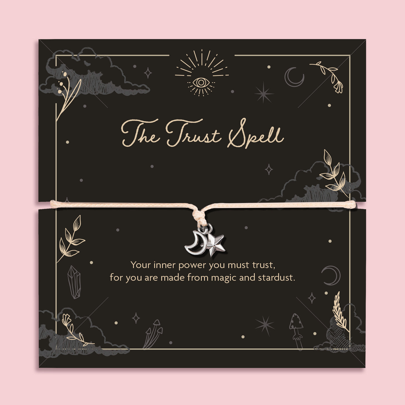 Moon and star charm bracelet on adjustable cord displayed on black celestial Trust Spell affirmation card with mystical symbols, spiritual jewellery gift.