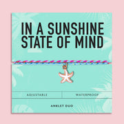 Turquoise, pink and blue waterproof anklet duo with enamel starfish charm displayed on an aqua "In A Sunshine State of Mind" gift card. Adjustable beach jewellery for holidays and summer wear.