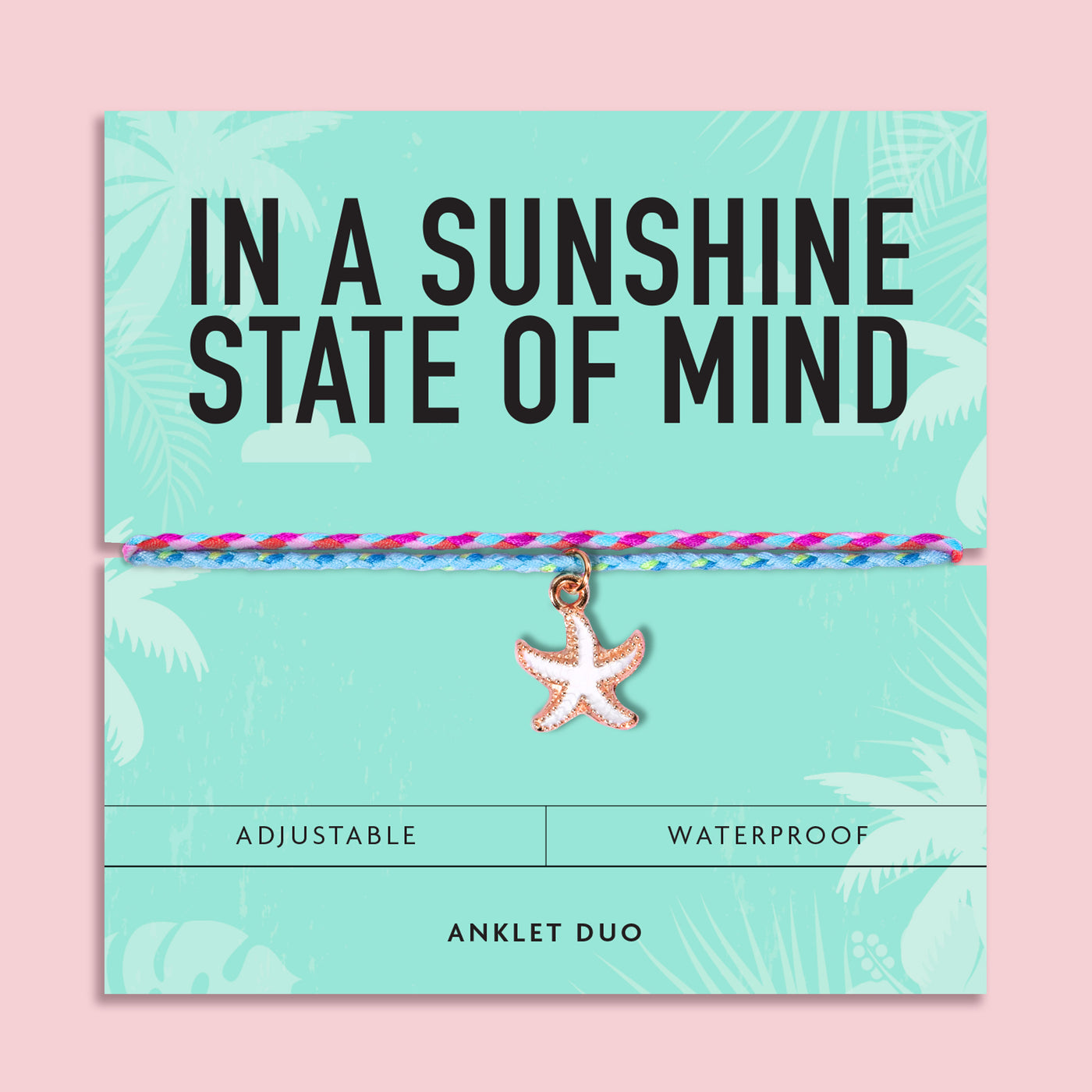 Turquoise, pink and blue waterproof anklet duo with enamel starfish charm displayed on an aqua 