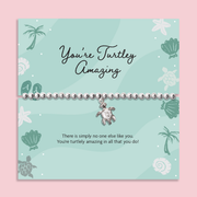 You’re turtley amazing silver beaded bracelet with turtle charm on ocean themed card, friendship gift bracelet in white gift box