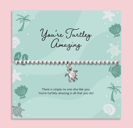 You’re turtley amazing silver beaded bracelet with turtle charm on ocean themed card, friendship gift bracelet in white gift box