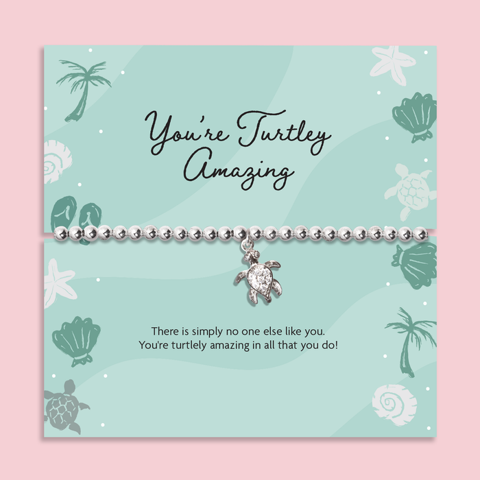 You’re turtley amazing silver beaded bracelet with turtle charm on ocean themed card, friendship gift bracelet in white gift box