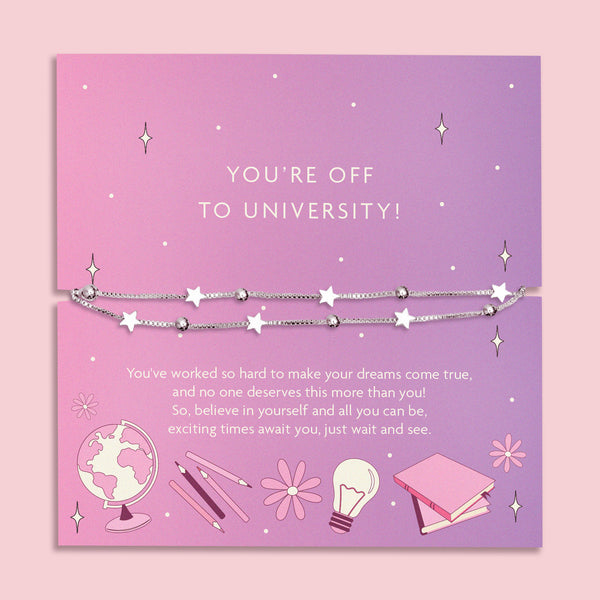 A delicate double-layer silver bracelet featuring star charms and beads, displayed on a lilac backing card with the message "You’re Off to University!" and an inspirational poem. Perfect for gifting to students starting their next chapter.