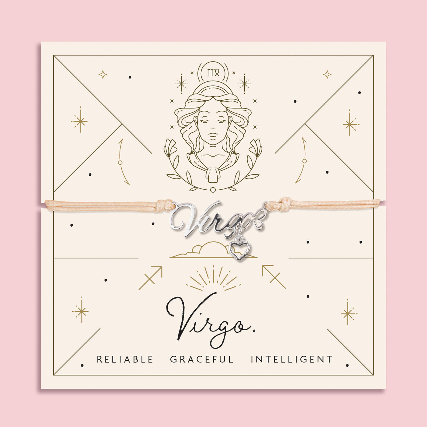 Zodiac Virgo bracelet with silver calligraphy-style charm and dangling heart, on beige cord with celestial cream and gold Virgo card featuring traits: Reliable, Graceful, Intelligent.